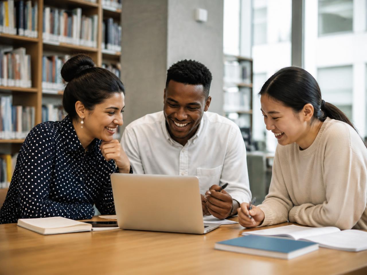 Three adult students studying together with a laptop and notebooks in a bright library